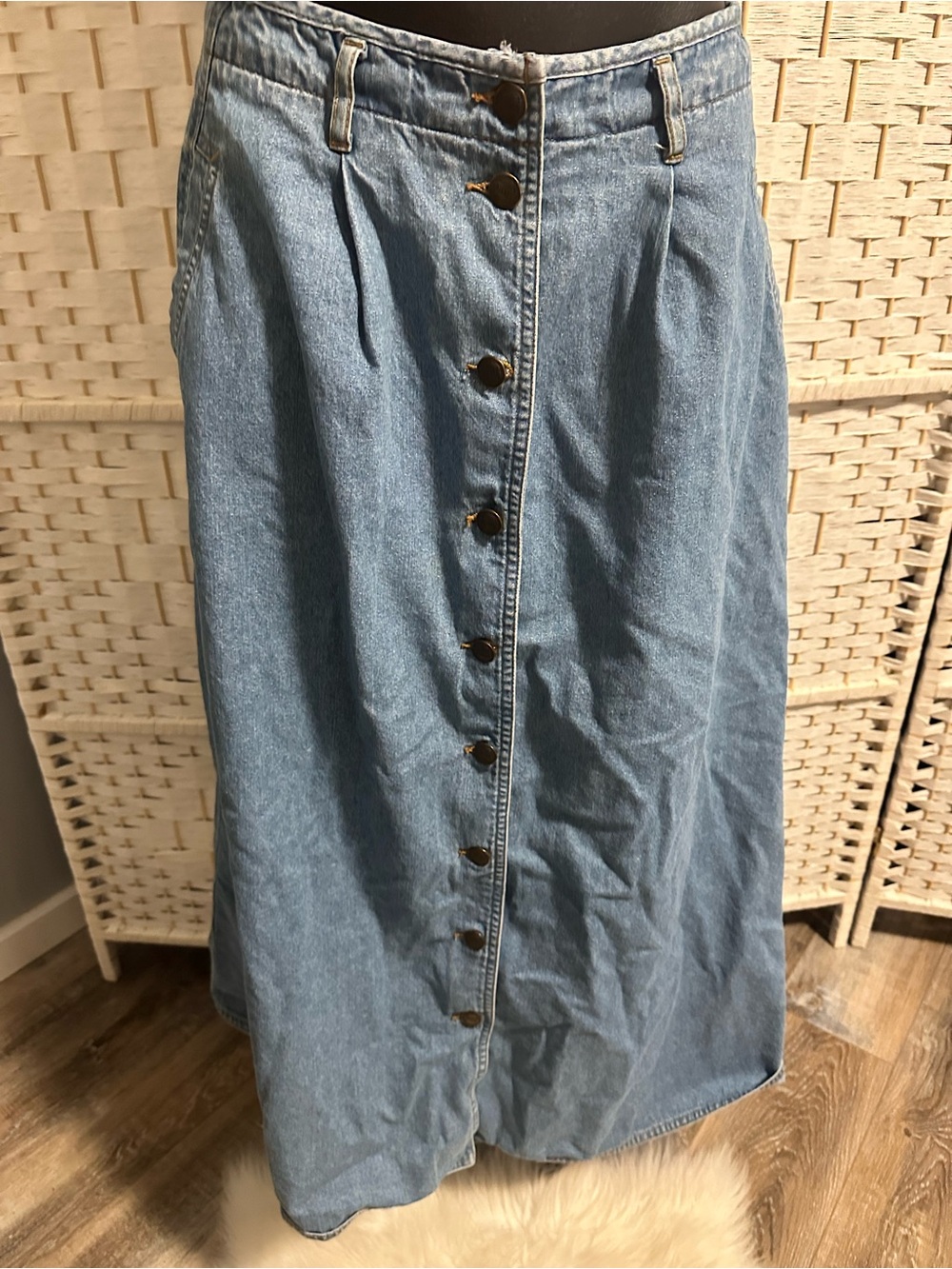 Button-Front Vintage Denim Midi Skirt